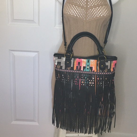 ICING Fringed Aztec Print Crossbody Tote - Picture 2 of 5
